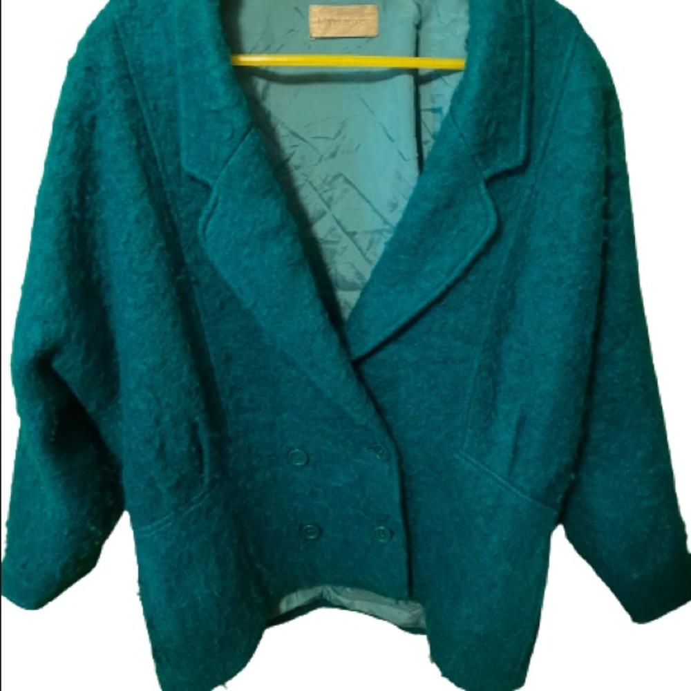 Vintage 80’s fuzzy wool batwing teal jacket